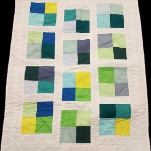 Handmade Patchwork Cotton Quilt in Green, Blue & Yellow 25 X 30